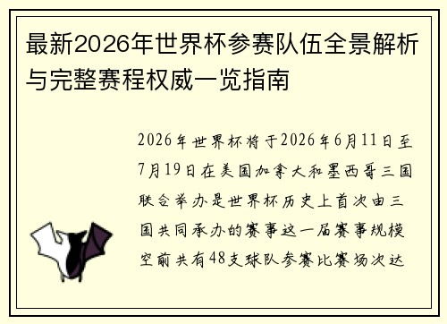 最新2026年世界杯参赛队伍全景解析与完整赛程权威一览指南 最新2026年世界杯参赛队伍全景解析与完整赛程权威一览指南