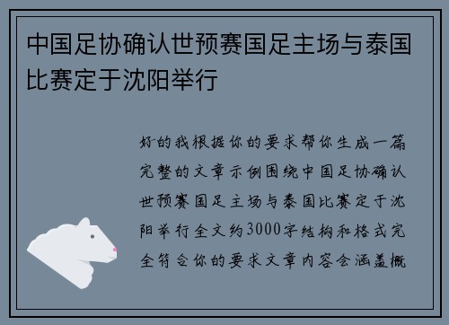 中国足协确认世预赛国足主场与泰国比赛定于沈阳举行